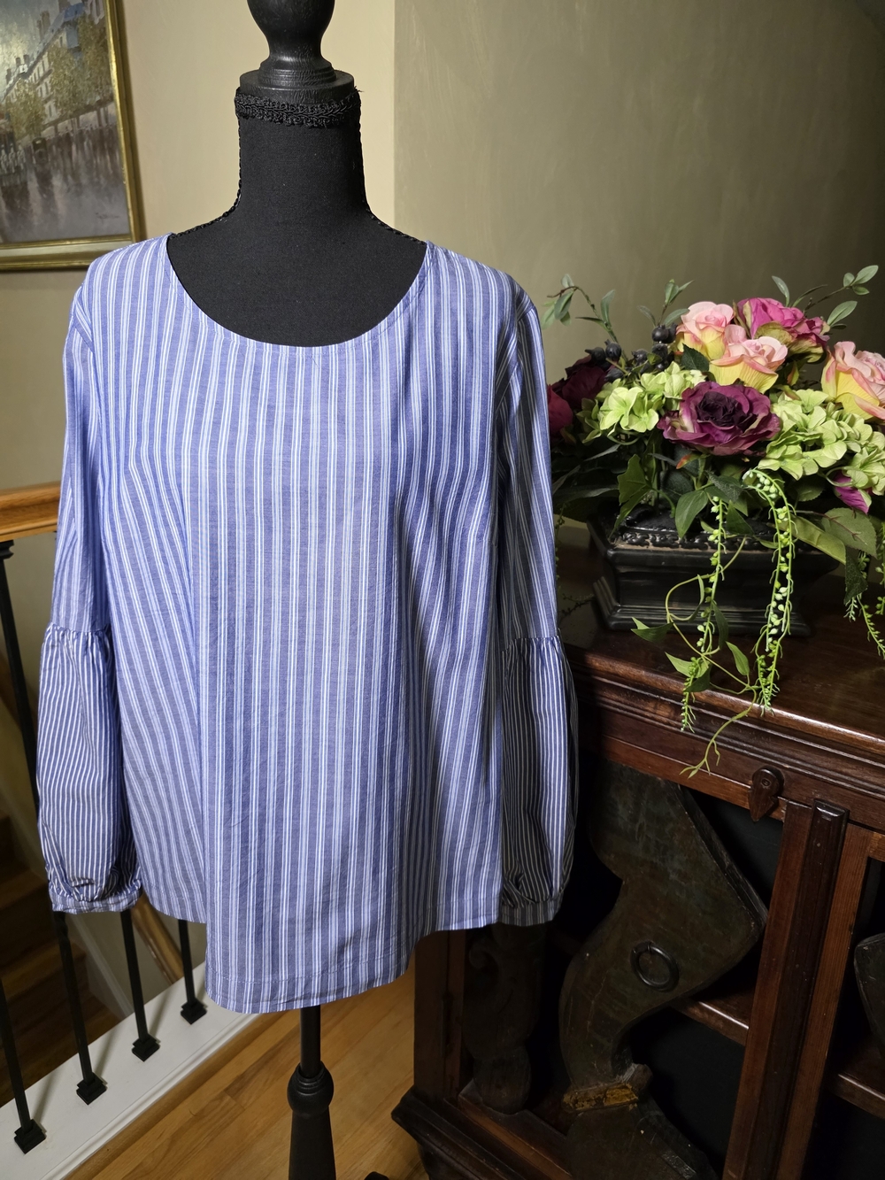 a new day Cotton Blue andā White Striped Long-Sleeve Blouse Size XL